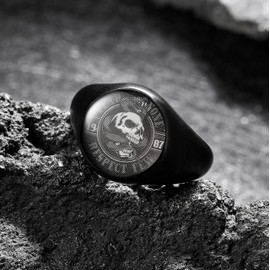 King Will Stainless Steel Ring for Men, Men Signet Ring with Skull Inlay High Polish Silver Matte Finished Black Plated Mens Pinky Ring Stainless Steel Thumb Ring for Men, Size 7