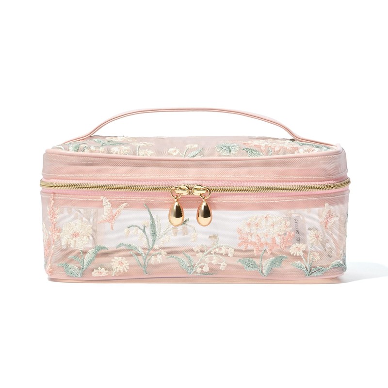 Francfranc Mesh Embroidery Vanity Pouch, Small, Pink