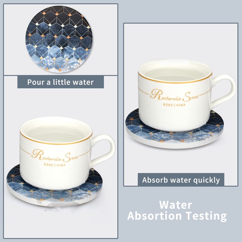 Vibiliyou Absorbent Coasters Blue Cube Coasters with Gold Holder Round