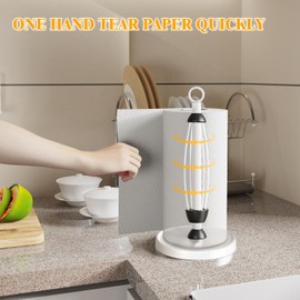 Paper Towel Holder Countertop, One-Handed Tear, Stainless Steel, Weighted Base, White Paper Towel Holder Stand with Ratchet System for Kitchen Farmhouse Essentials Decor Accessories