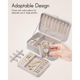 Vlando 2 Layer Jewelry Box,Jewelry Organizer Storage Lockable Earring Organizer Removable Jewelry Tray with Watch Pillow for Neckable Ring Bracelets-Grey