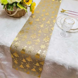 Christmas Table Runner, Washable, Linen Look, Table Runner Gold with Christmas Tree, Snowflake, Modern Table Decoration for Christmas, Wedding, Birthdays (28 x 275 cm)