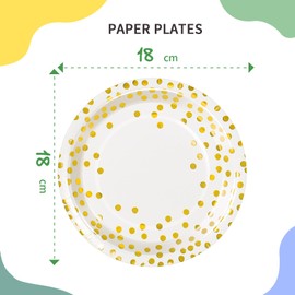 AIPartywar Party Paper Plates - 50-Pack Disposable with White and Gold Foil Polka Dots, 7-Inch Dinner Plates for Graduation, Wedding, Birthday Parties
