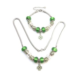 Thurcolas Stainless Steel Women's Green Charms Jewellery Set Manhattan Model with Clover Pendant Set with Crystals