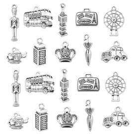 DanLingJewelry 100Pcs 10 Styles London Theme Charms Antique Silver Big Ben Windmill Bus Car Charms Tibetan Travel Charms for Jewelry Making