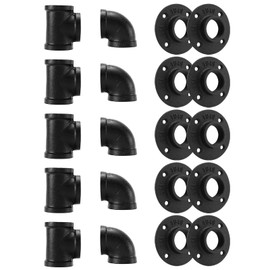 Home TZH 1" Black Pipe Fitting, 20 Pack 1" Floor Flange/Elbow/Tee Combo for Industrial vintage style, Flanges/Elbow/Tee with Threaded Hole for DIY Project/Furniture/Shelving (20, Black 1")