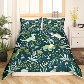 Castle Fairy Cute Dinosaur Bedding Set Twin Size,Kids Cartoon Dino Kawaii Animal Comforter Cover Set for Kids Girls,Green Pink Leaves Plant Botanical Bedding Quilt Cover Set Bedroom Decor, 2 Pcs