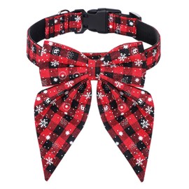 Malier Christmas Dog Collar with Bow tie, Classic Buffalo Plaid Dog Christmas Collars with Durable Buckle Holiday Dog Collar for Small Medium Large Dogs Puppy (Snowflake Red & Black Plaid, Medium)