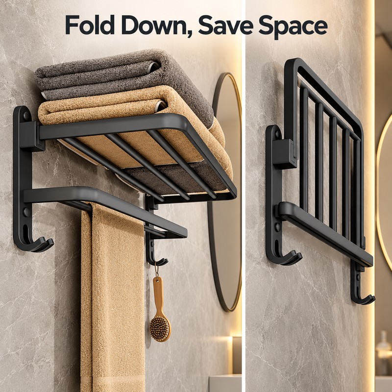 Matte Black 50CM Folding Towel Rack – Wall-Mounted Aluminum Towel