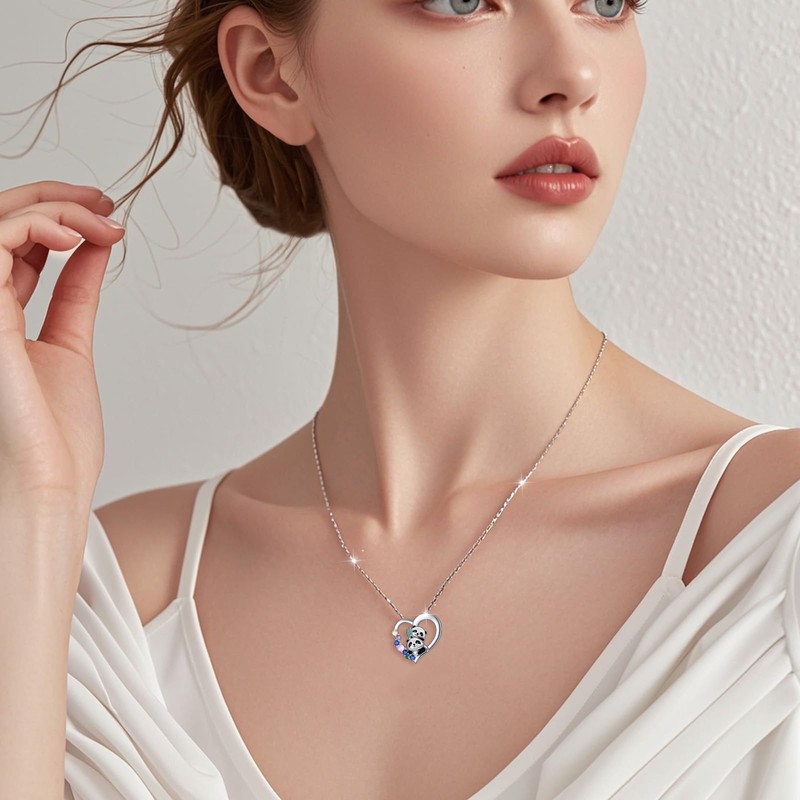 Alphm Panda Necklace 925 Sterling Silver Panda Heart Pendant Cute
