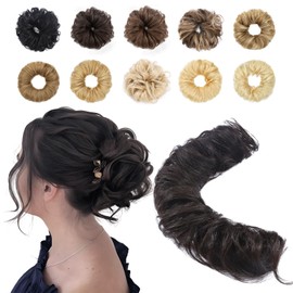 Benehair Tousled Updo Messy Bun Hair Piece Hair Extension Ponytail with Elastic Band Real Human Curly Wavy Pieces for Women #1B Natural Black 32g