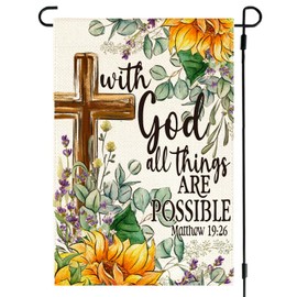 RABUSOFA Summer Garden Flag 12x18 Inch Double Sided Outside,Sunflower With God All Things Are Possible Spring Floral Cross Yard Outdoor Decoration Small