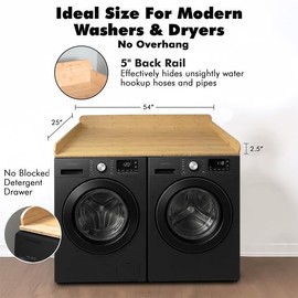 Solid Bamboo Washer Dryer Countertop, Laundry Wood Shelf Topper with Non-Slip Pads, Edge Rails and High Back Rail for Laundry Room Storage & Organization, Washer Dryer Counter Storage, 25"W x 54" L