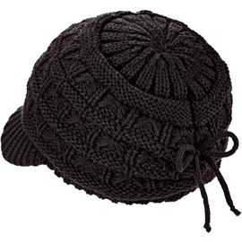 Winter Warm Fashion Knit Adjustable Warm Chenille Lined Winter Knit Visor Beanie Cap with Brim(Black)
