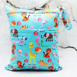 Asenappy 2pcs Cloth Diaper Wet Dry Bags Waterproof Reusable with Two Zippered Pockets Travel Beach Pool Daycare Soiled Baby Items Yoga Gym Bag for Swimsuits or Wet Clothes (3036-2-zoo animals)