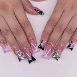 Duck French Tip Press on Nails Medium Long Fake Nails Decorate Stars Designs Silver Lines Glue on Nails Black Pink French Tip False Nails Shiny Duckbill Shape Nails Press ons for Girls 24Pcs