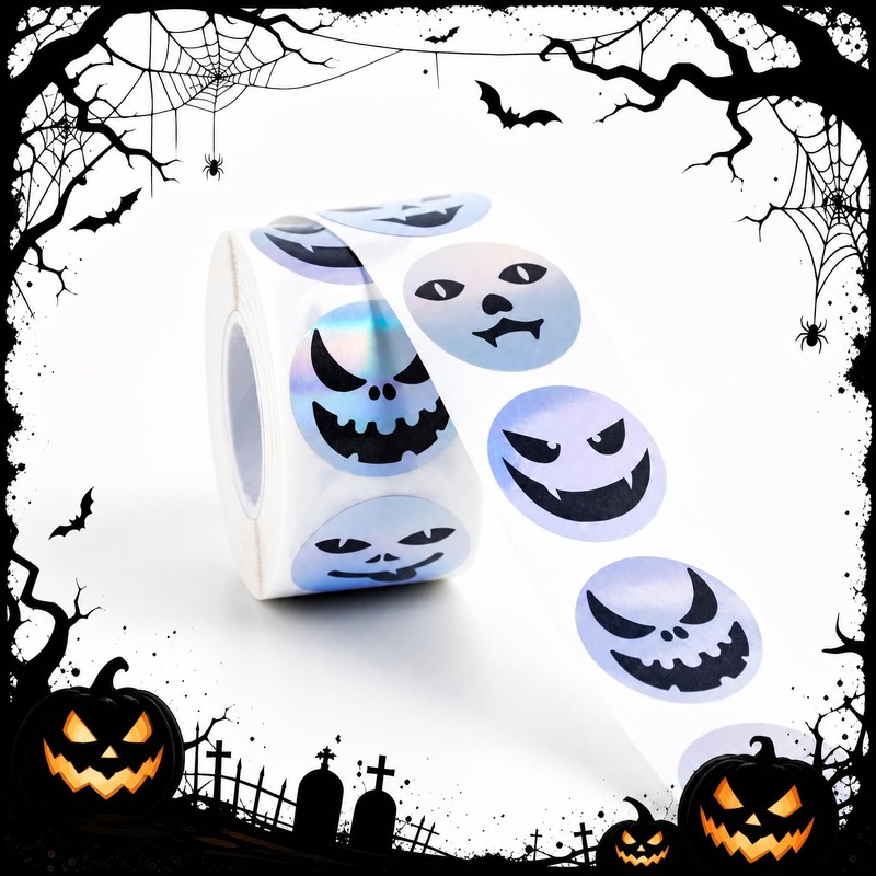 Halloween Ghost Face Stickers Roll 500PCS 1 Inch Round Holographic