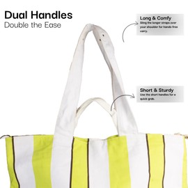 Salt Earth Large Beach Bag for Women, Extra Large Travel Tote With Pockets, Weekender Tote Bag For Women, Oversized Carry, Canvas Multi Purpose - Mommy, Gym, Travel, Pool and Beach -Green Stripe (L)