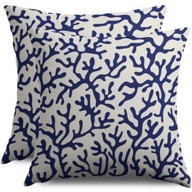 Smozenith Navy Blue Coral Pillow Covers 18X18 Set of 2, Summer Beach Coastal Themed Beachy Ocean Cream Print Decorative Throw Pillowcases Outdoor Farmhouse Seasonal Cushion Cases Couch Sofa Bed Decor