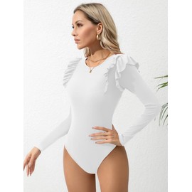 Missufe Women's Elegant Crew Neck Ruffle Long Sleeve Body Top Knitted Top, White