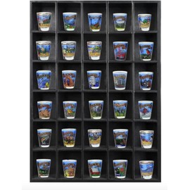 Tasse Verre 30 Shot Glass Shelf Display Case (2-Pack) - Large Wooden Collectibles Rack - Wall Mounted Black Bar Shadow Box Minifigure Storage, 16.7x12.2”