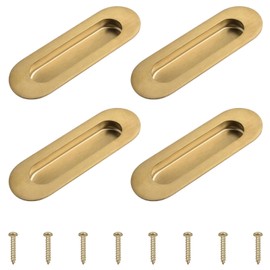MOROBOR 4 Pack Stainless Steel Side Hole Flush Pull, Oval Embedded Sliding Door Handle Recessed Finger Pulls with Hidden Screws for Drawer Cupboard Wardrobe/Brushed Gold