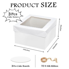 ZKKZOMA 6PCS 10x10x8 Inches Cake Boxes with Boards—（3 Boxes with window & 3 Borads & 70ft Silk Ribbon） Large Square Baking Boxes