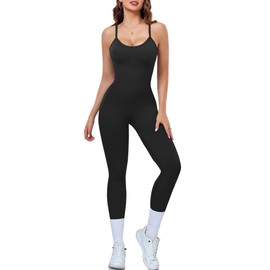 OLCHEE Womens Workout Yoga Jumpsuits Rompers - One Piece Seamless Unitard Leggings Spaghetti Strap Bodysuit Gym - Black Medium