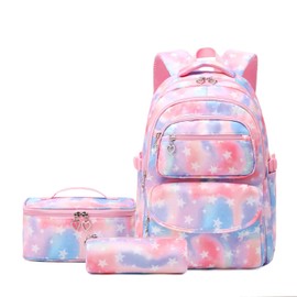 Tanou Schulrucksack Mädchen 3 Stk mit Lunchtasche Federmäppchen, Atmungsaktives Leichtgewicht Schultasche Teenager Mädchen für 3-9 Klasse, 22 Liter Rucksack Schule für Reisen, Rosa
