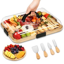SAKAMOSH Charcuterie Board with Lid and Handle, Portable Travel Bamboo Cheese Board Set with Cheese Knife Set, Gift for Housewarming, Picnic, Gathering (15"x11" Board & 10" Round Board)