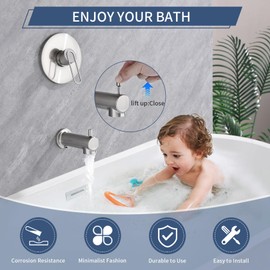 Taplong Brushed Nickel Shower Valve with Tub Spout, Shower Valve Trim Kit Rough-in Mixer Valve Bathroom Trim Set (Valve Included)-TP045BN