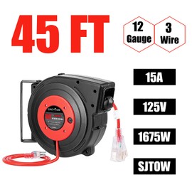 GREATIDE 45 Ft Retractable Extension Cord Reel, 12 AWG/3C SJTOW Heavy Duty Power Cord with 3 Electrical Outlets, 15 AMP Circuit Breaker, Lighted Triple Tap, Ceiling or Wall Mount, UL Listed