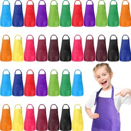 Handepo 36 Pieces Kids Aprons Bulk 12 Colors Adjustable Children Chef Aprons with Pockets Boys Girls Kitchen Cooking Baking Painting Aprons for 7-13 Age