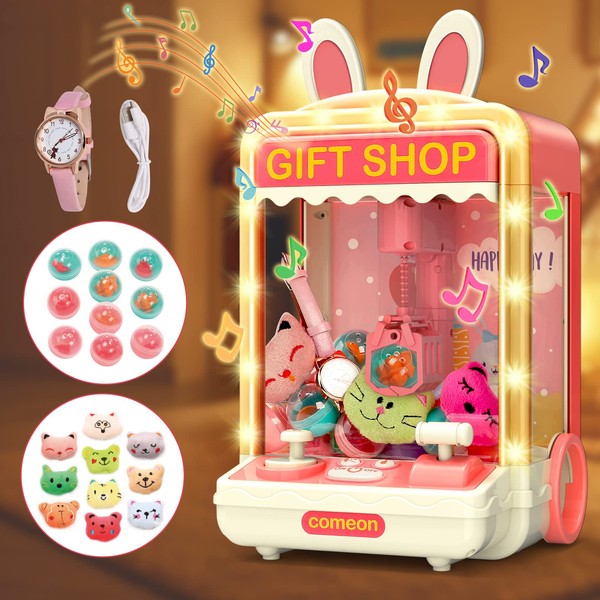Skirfy Claw Machine for Kids with Lights,Mini Claw Machine Toys,Electric Candy Machine with Watch&Accessories,Arcade Games Machines,Vending Machine,Adjustable Sound and Music,Birthday Gifts for Girls