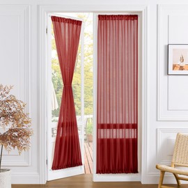 Tollpiz Sheer Door Curtain Closet Linen Textured Curtains Sheer Doorway Light Filtering Voile Patio Glass Door Rod Pocket Curtain French Door, 54 x 72 inches Long, Burgundy Red, Set of 1 Panel