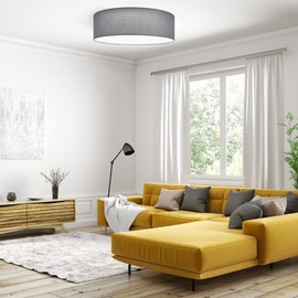 Navaris Flush Mount Ceiling Light - 15.75" Diameter Drum Lamp Shade LED Fixture with Remote Control for Bedroom, Living Room, Kitchen - Light Gray