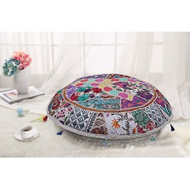 DK Homewares Indian Ethnic Floor Pillow Bed Stool Chair White 28 Inch Patchwork Living Room Ottoman Stool Home Decor Embroidered Vintage Cotton Round Floor Cushions for Kids 28x28