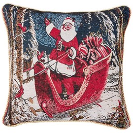 Violet Linen Seasonal Xmas Christmas Holiday Bliss Pattern, Polyester Tapestry Jacquard , Santa's Sleigh Ride, 18 Inch x 18 Inch, Decorative Throw Pillow