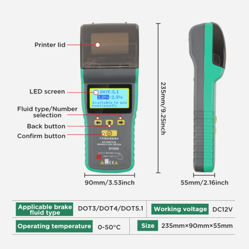 Car Brake Fluid Tester LCD Display Printing Audible Visual Alarm
