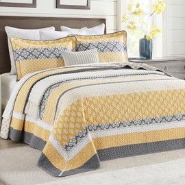 PANGUSHAN 102"×120" 100% Cotton Oversized Bedspread, Reversible Floral Farmhouse XL Oversized Quilt Coverlet Bedding Set, Quilted Bed Spread Lightweight Comforter, Yellow/Gray
