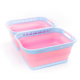 SAMMART 42L (11 Gallons) Collapsible Plastic Laundry Basket - Foldable Pop Up Storage Container/Organizer - Portable Washing Tub - Space Saving Hamper[BPA Free] (Cool Blue/Maglia Rosa (Set of 2))