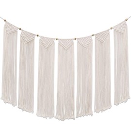 Flexzion Macrame Wall Hanging Bunting Banner Tapestry Art (47 Inch Cream White Cotton Curtain) Hand Woven Bohemian Wall Decor for Boho Home Bedroom Living Room Garland Baby Nursery Rustic