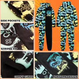 Get Trend Fleece Onesie for Boys Teens, Hooded Loungewear Warm Pyjamas, Gaming Cosy Jumpsuit Nightwear, Gamer Gifts for Boys (13-14 Years, Multi Gaming)
