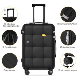 MGOB 16 Inch Airline Approved Underseat Carry-On Luggage, Lightweight Polycarbonate Hardshell with 360° Spinner Wheels & TSA Lock, Compact Suitcase (Black)