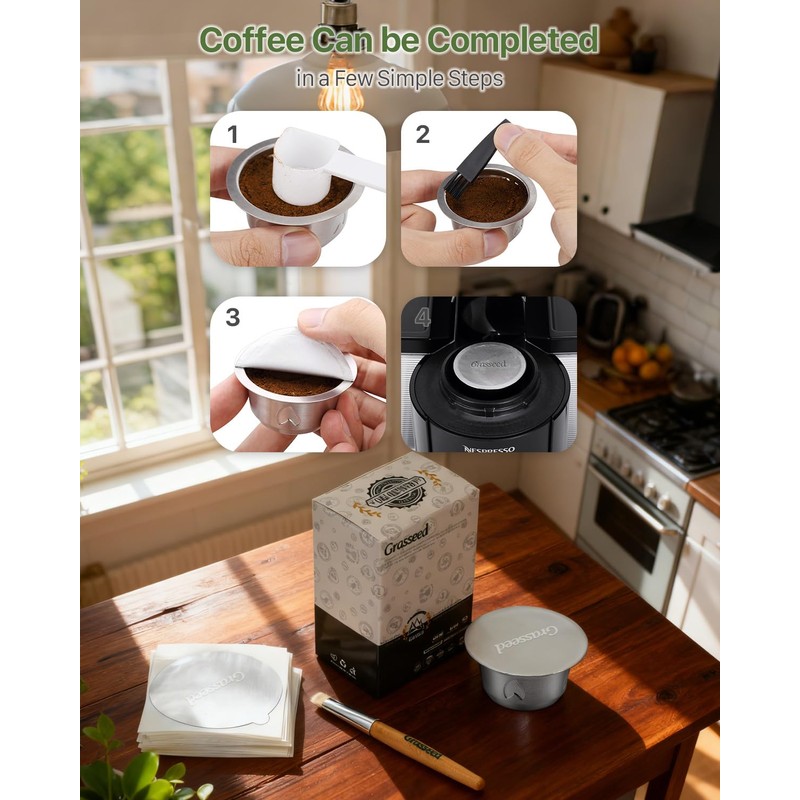 Grasseed Refillable Vertuo Capsule, Reusable Stainless Steel Vertuo Pod Kit