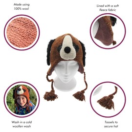 Hand Knitted Woolly Hat | Dog | Fun Wool Knit Fleece Lined Animal Hat for Men and Women | One Size Fits All | Wooly Winter Cap with Ear Warmers and Tassels Brown