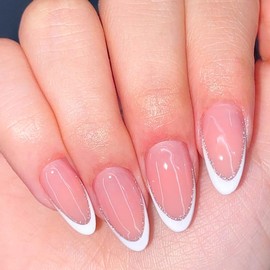 ANDGING French Tip Press on Nails White Short Medium Almond Glue on Nails with Bling Silver Designs Glitter Fake Nails Fantasy Acrylic False Nails for Women Wedding Manicure Full Cover Stick on Nails