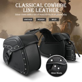 NICECNC Motorcycle Saddle Bags, PU leather Motorcycle Saddlebags, Reinforced Straps & Saddle Piece, with Cup Holder & Lock, Throw Over Saddle Bags Side Bags Universal Motorcycle Accessories,Black