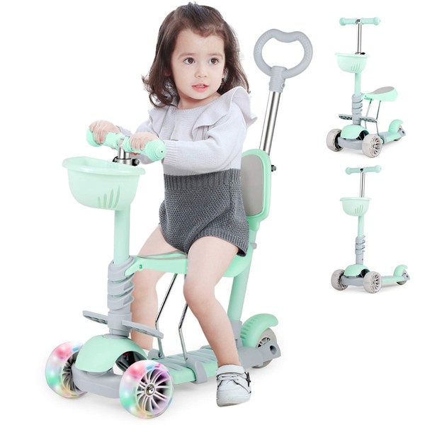 5 in 1 Kick Scooter for Kids with LED Lights, Adjustable Height Kick Scooter for Girls & Boys Birthday Gifts, 3 Wheel Sit or Stand Ride Brake Removable Seat and Push Rod Indoor Outdoor Toys, Green