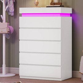 BTHFST Tall White Dresser for Bedroom with LED Lights, LED Modern 5 Drawers Chest of Drawers for Closet, Wood Tall 5 Drawer Dresser for Living Room Hallway Entryway
